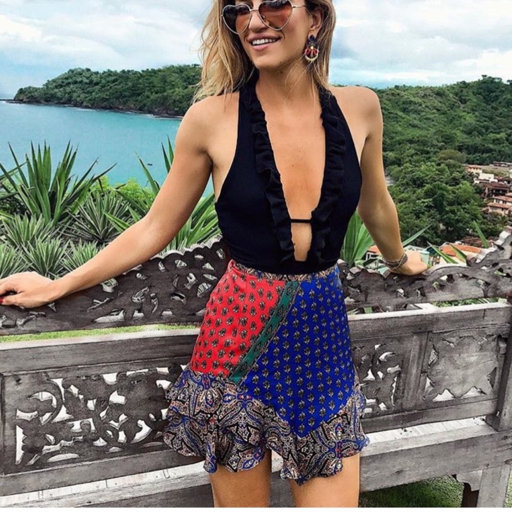 Free People Color-block Boho Print Ruffle Hem Skirt